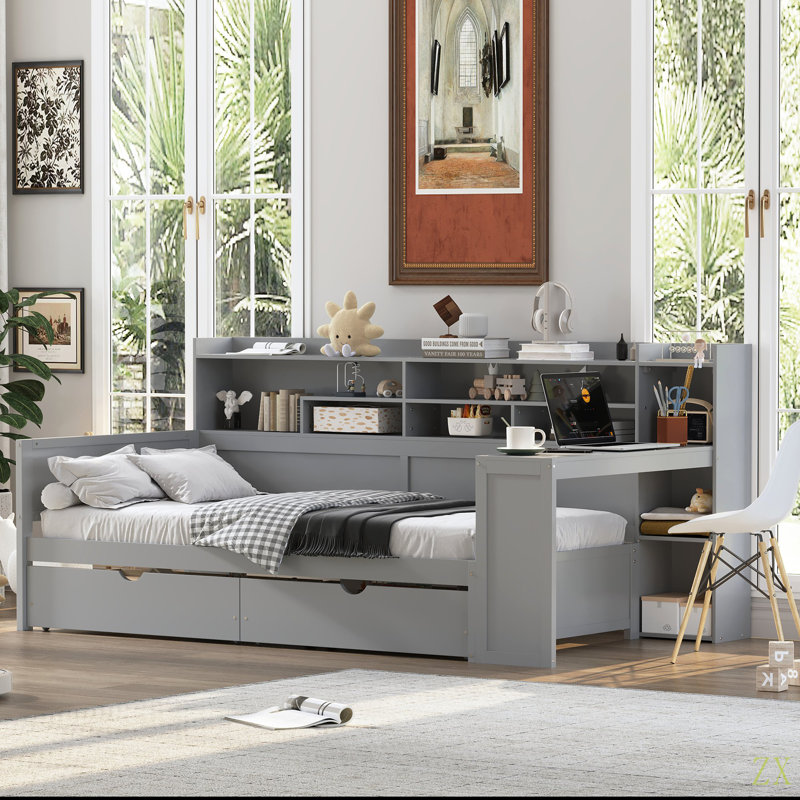 Wooden Twin Size Daybed With Storage Shelves, Multi-Functional Bed With Two Storage Drawers And  Study Desk, Twin