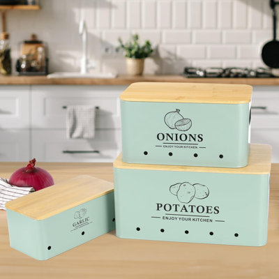 Ensemble de rangement pour légumes Kitchen de 3, ensemble de rangement pour pommes de terre à oignon et oignon en métal, contenants à légumes avec trous d'aération et couvercle en bois