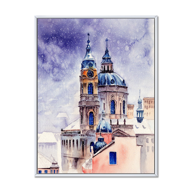 «Saint Nicholas Church in Prague in Winter», peinture sur toile, H 32 po x l 16 po x P 1 po, Cadre flottant blanc