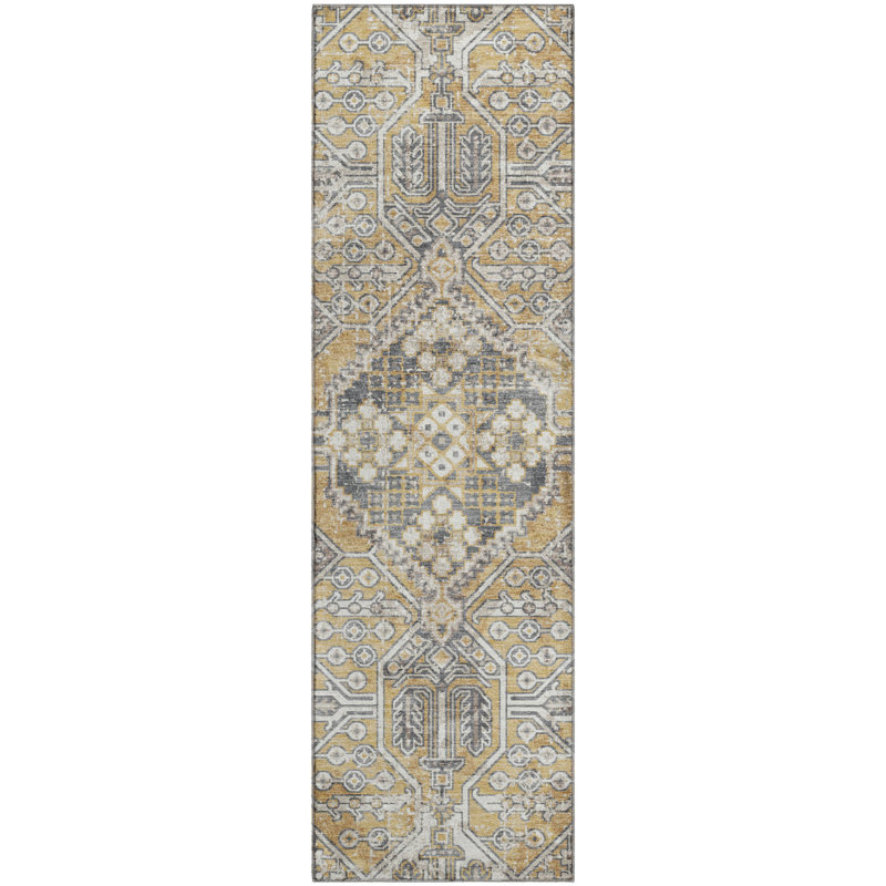 Premium Machine Washable Mayfield AMF2197 global Rug, Gold, 2'3" x 7'6" Runner