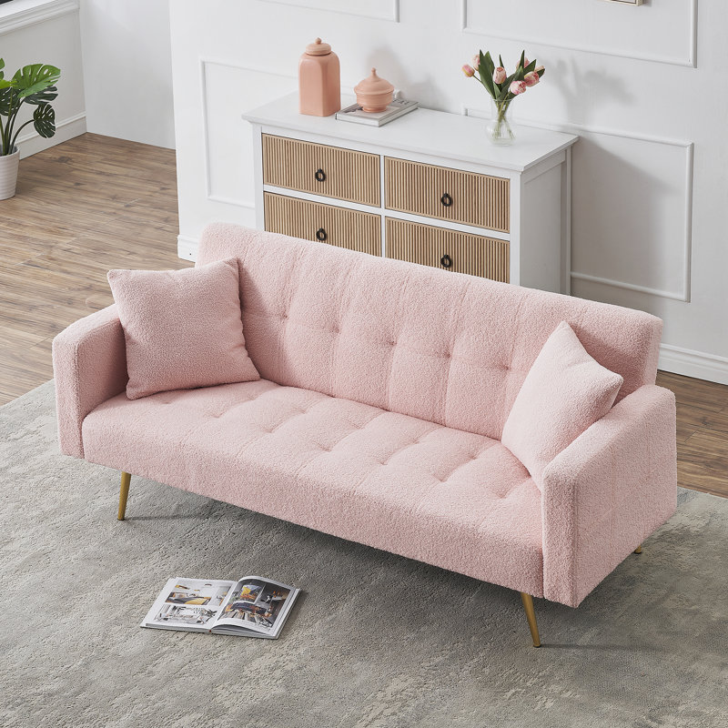 Modern Style 71.65‘’ Upholstered  Sleeper Sofa, Pink Teddy