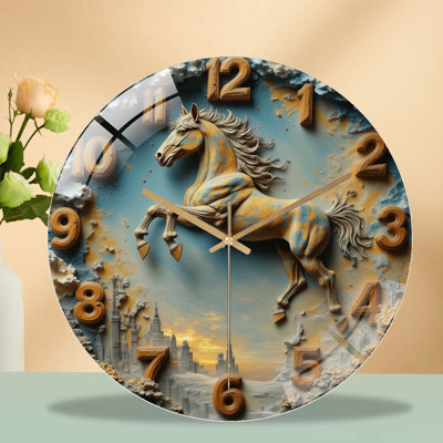 Horloge murale silencieuse en verre trempé de 30 cm, « Horloge murale Cheval », sans tic-tac, fonctionne avec des piles (piles AA non comprises), décoration artistique pour la maison