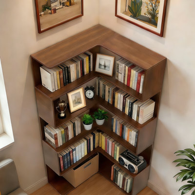 Walnut 6 Tier 66" Tall L Shaped Corner Bookshelf For Living Room, Bedroom, Home Office - Freestanding Display Shelf With Baffle And Open Units, Easy Assembly In Walnut, Ideal Multiple Designs,