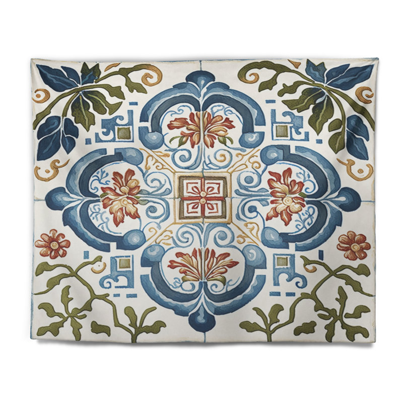 Tuile méditerranéenne en bleu rétro I - Tapisserie murale abstraite, H 32 po x l 39 po