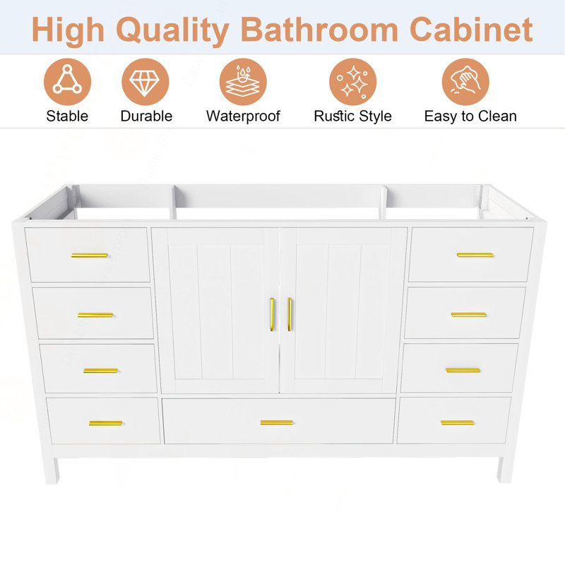 Meuble-lavabo de salle de bain de 60 pouces avec 2 portes doubles à fermeture douce, 1 grand tiroir, 6 petits tiroirs et 2 petits compartiments de rangement à charnières.