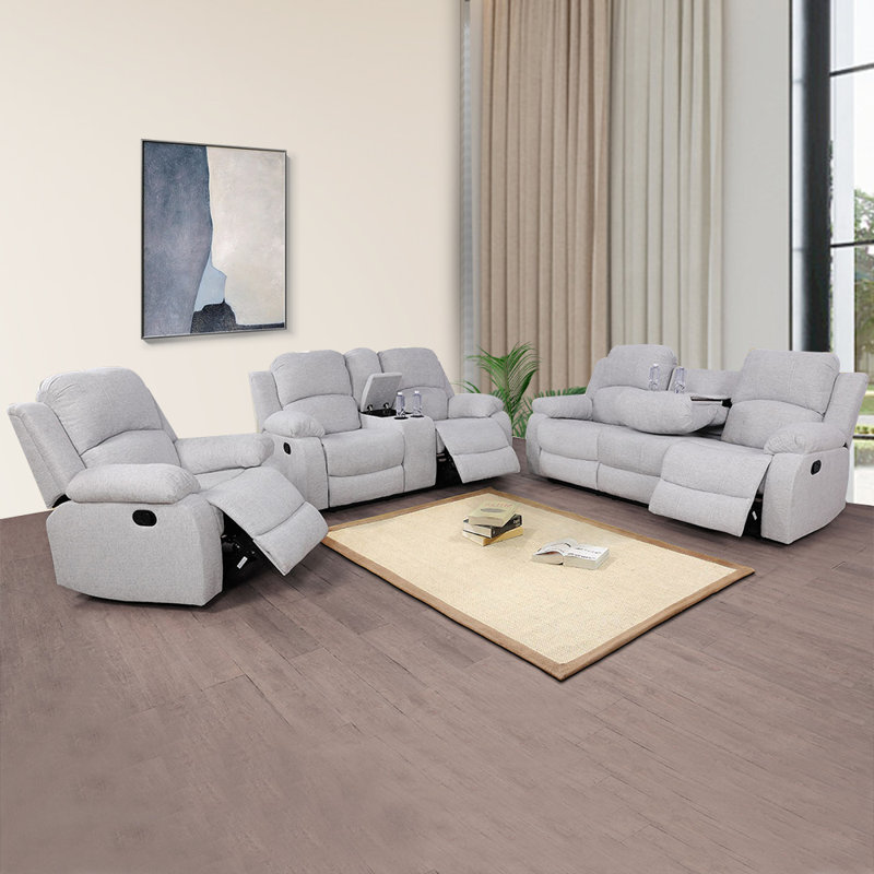 Ensemble de salon inclinable en lin 3 pièces Caritina, Blanc gris
