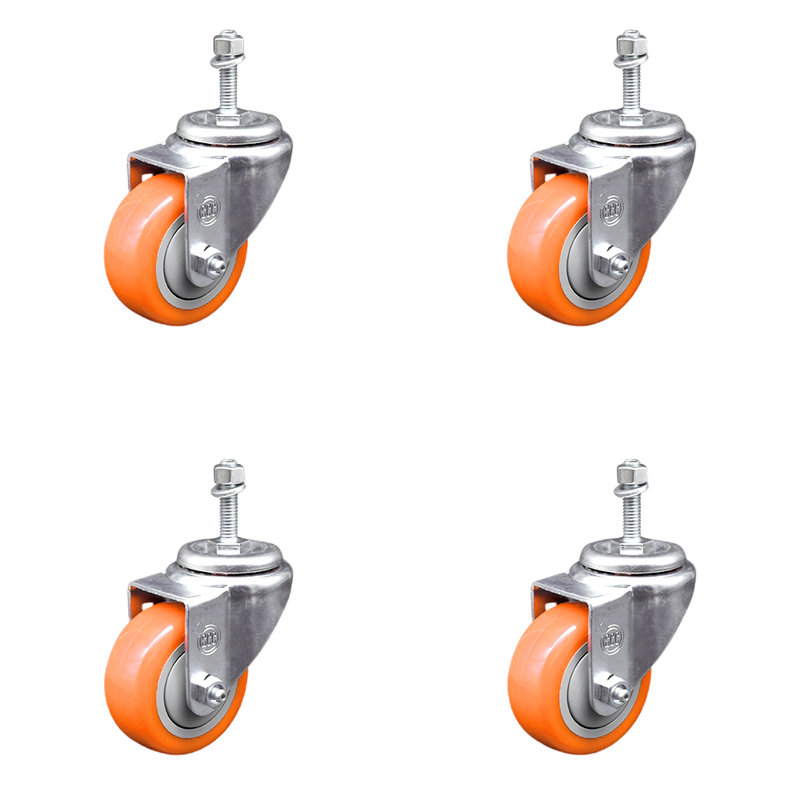 Ensemble de roulettes à tige filetée de 3,5 po en polyuréthane pivotant de 3/8 po SCC, Orange