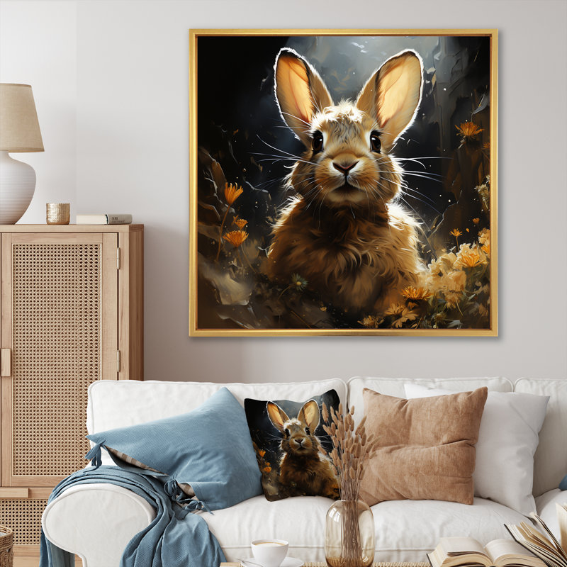 Curieuse fleur de lapin prairie - Art mural de lapin, Cadre flottant doré, H 36 po x l 36 po x P 1,5 po