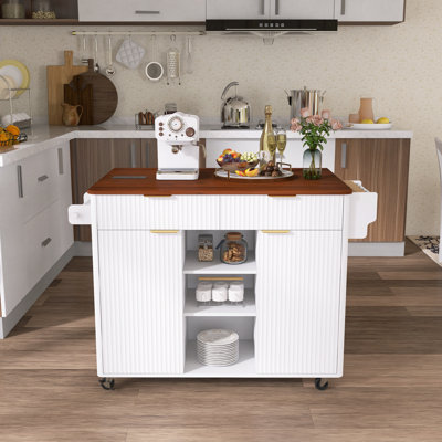 Fluted Rolling Kitchen Island Drop Leaf Power Outlet 2 Doors 2 Drawers