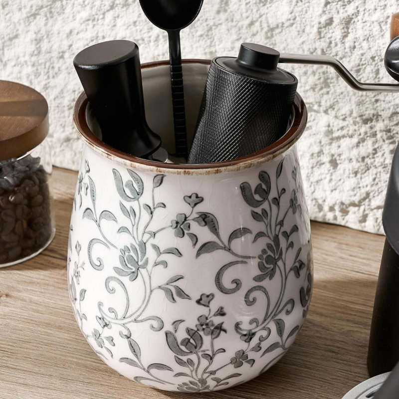 Utensil Holder for Kitchen Counter, Modern Farmhouse Cooking Ceramic Utensil Organizer 16 x 15 x 15 cm