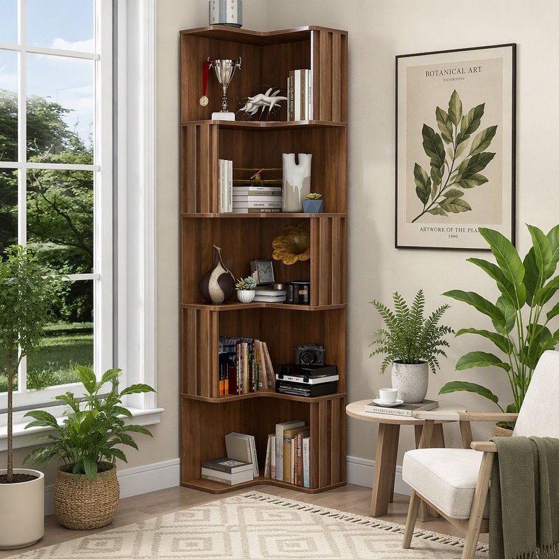 Bibliothèque d'angle - Bibliothèque d'angle à 5 niveaux avec chicane cannelée, présentoir autoportant en forme de L pour bureau à domicile, salon, chambre à coucher, cuisine