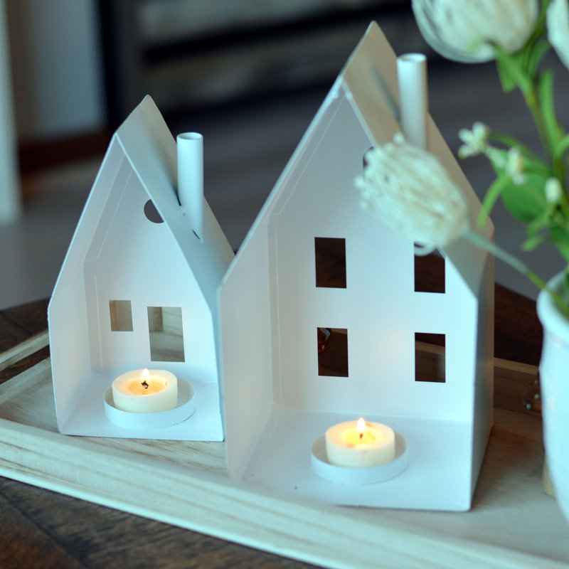 8.75 " H Town House Candle Lanterns, White