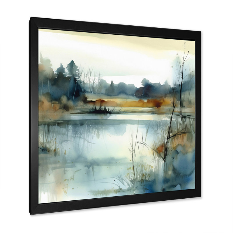 Illustration d'un paysage de lac d'été II, H 36 po x l 36 po, Noir, Cadre photo unique