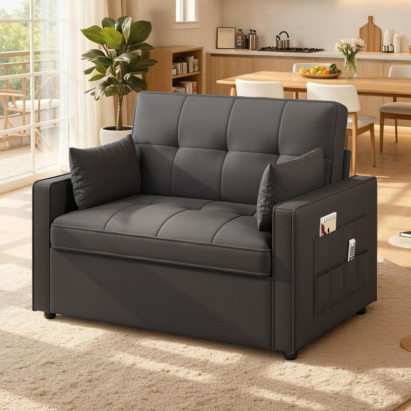 102× 186cm Dark Grey Sofa Bed, 3-In-1 Sleep Function Couch With 6-Level Adjustable Backrest & Side Pocket