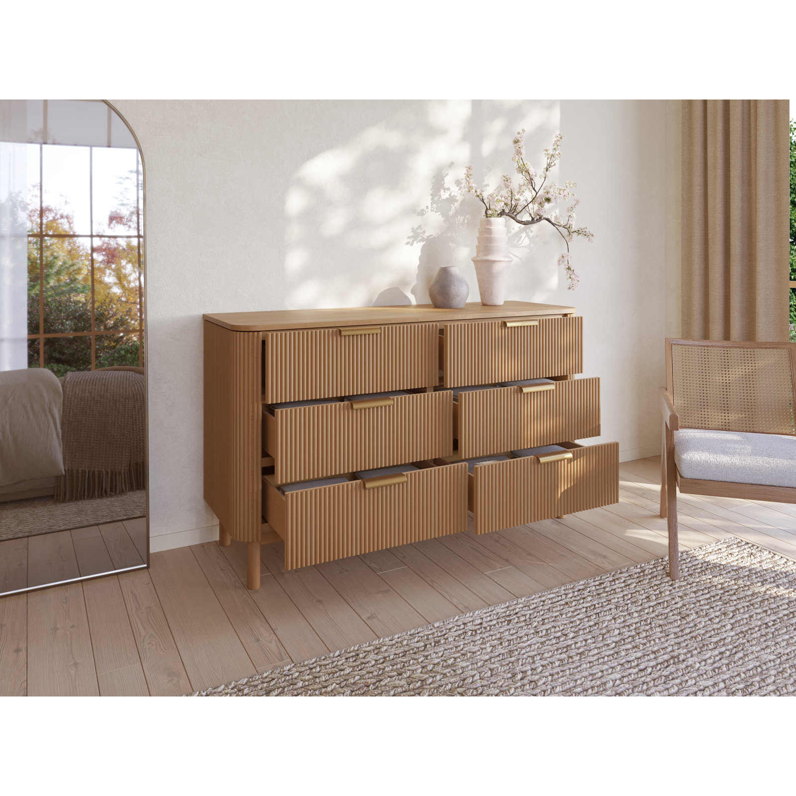 Nova 60" 6-Drawer Dresser with Reeded Front, Reeded Birch