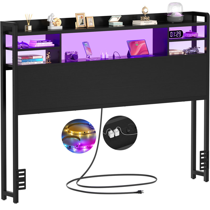 Tête de rangement avec lumières DEL, tête de lit bibliothèque avec station de charge, Double TG, Noir