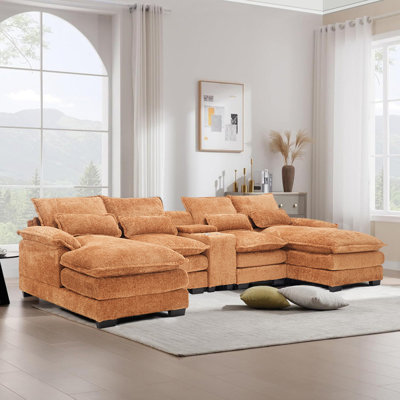 124" Sectional Sofa with Chaise, Oversized U Shaped Chenille Sectional Couch with Storage Console and Cup Holders,USB USB Ports