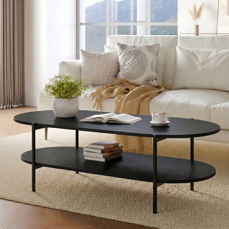Table basse ovale à deux niveaux avec plateau de rangement industriel et plateau en bois industriel, Black