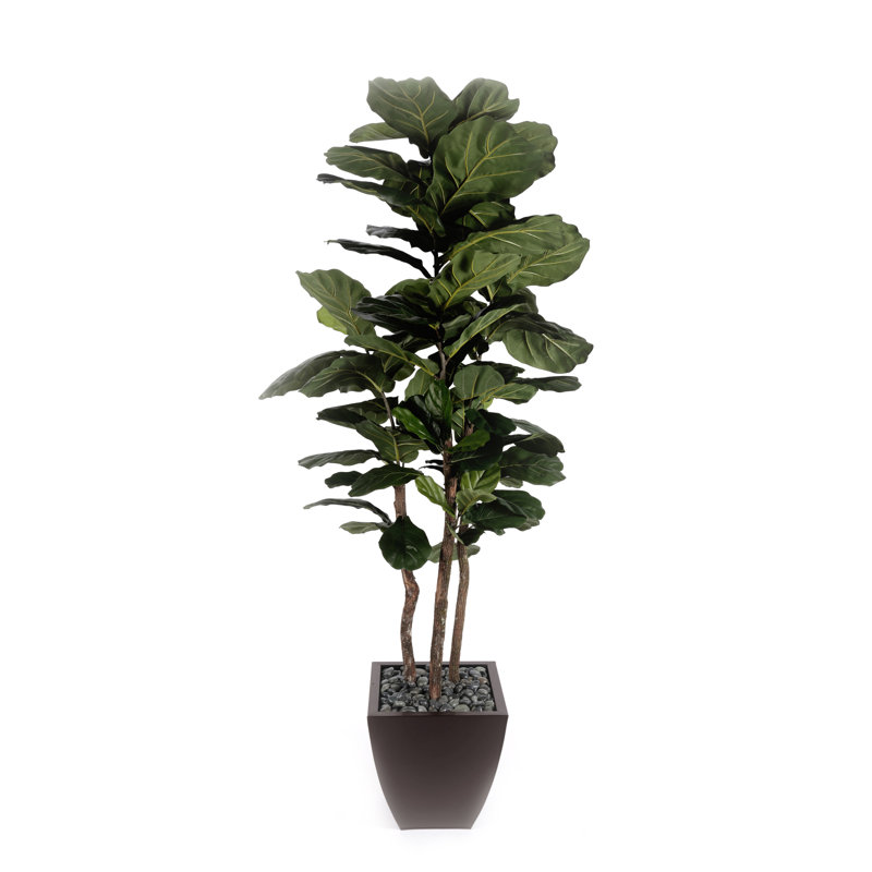 Faux Fiddle Leaf Fig Tree in Metal Planter, Brown Metal Planter