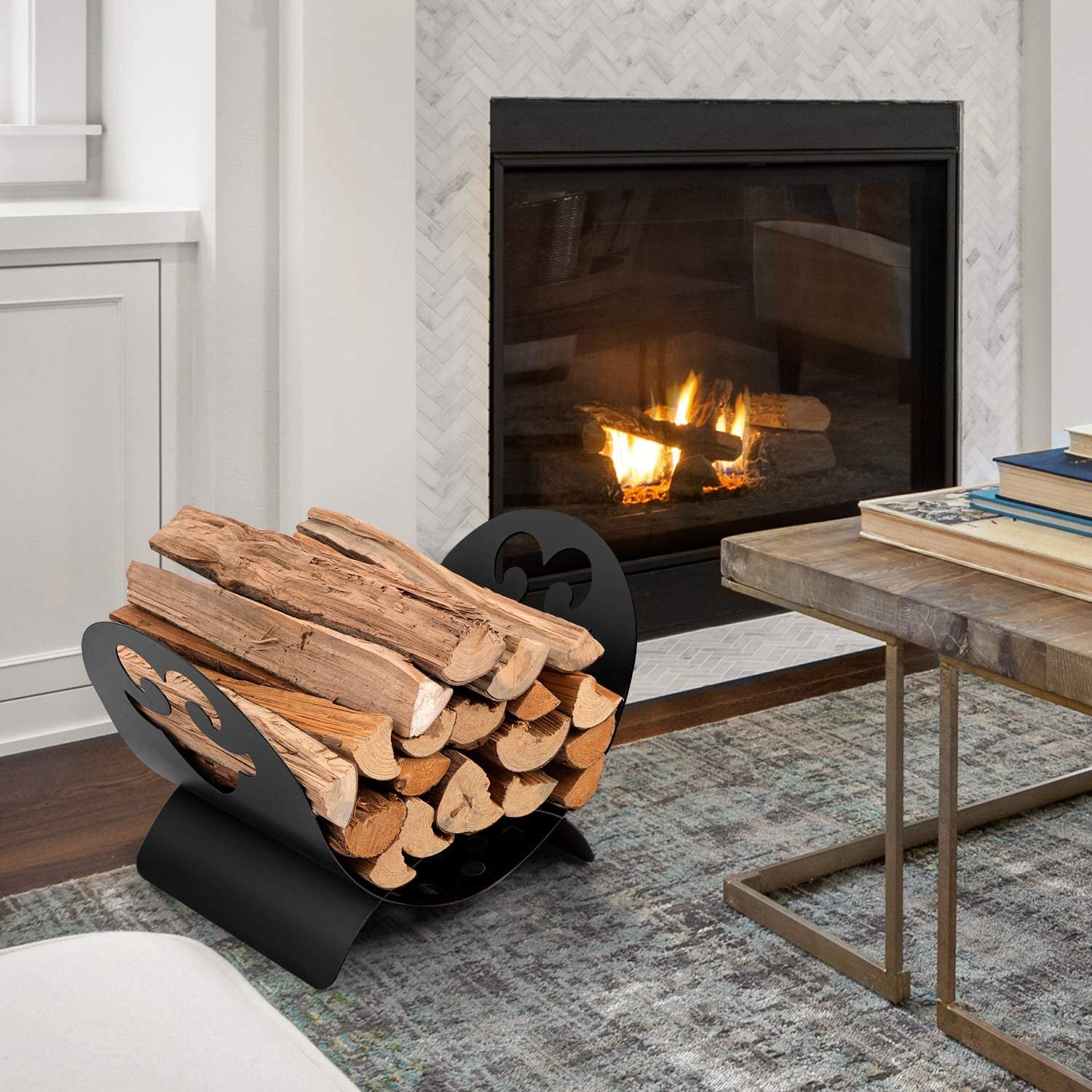 Heavy Duty Tall Metal Firewood Rack Stand with Top Cover Fireplace
