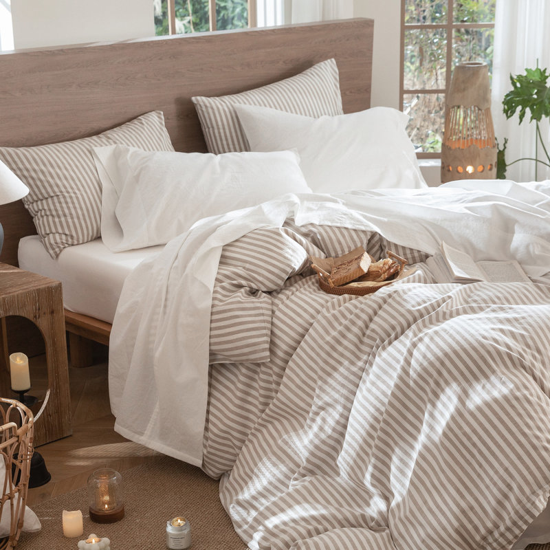 Ensemble de draps MooMee, Blanc cassé, Ensemble de draps pour lit double avec 2 taies d'o