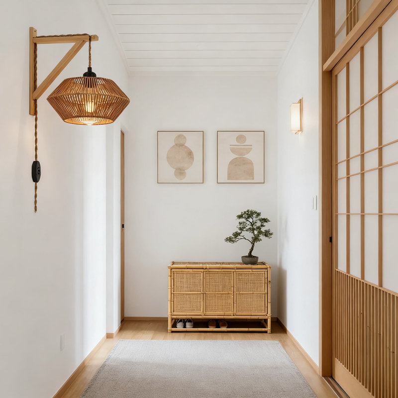 Applique murale en rotin à brancher - Lampe de ferme bohémienne à intensité variable avec douille E26 pour la chambre à coucher, le salon et le couloir