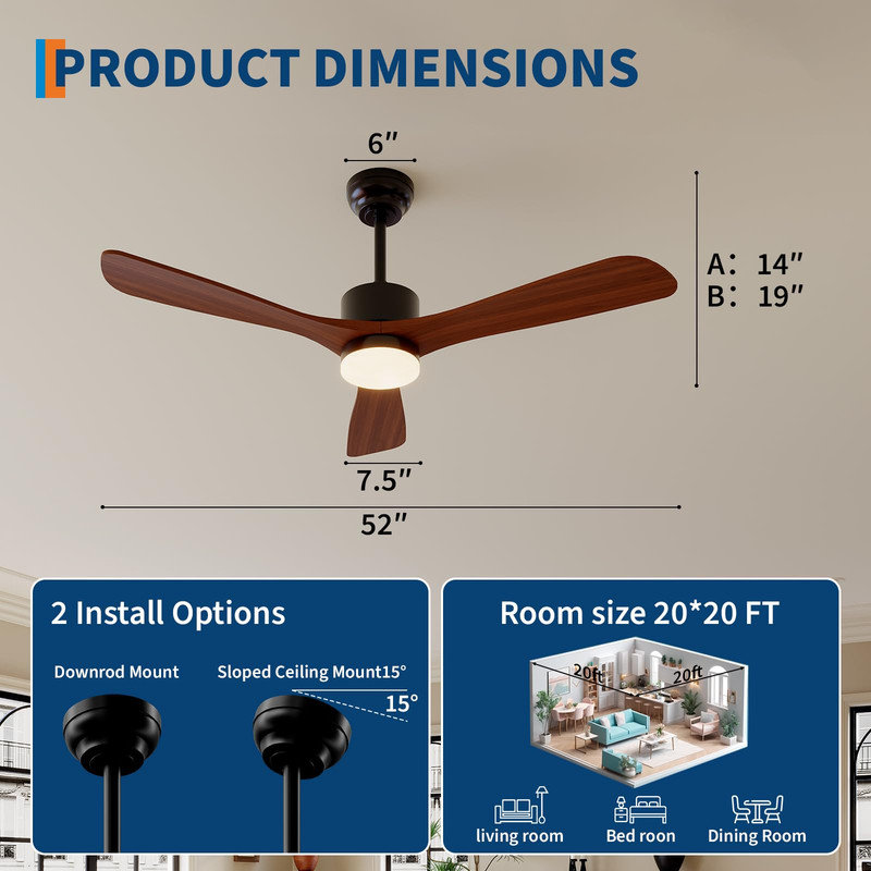 Ventilateur de plafond moderne en bois 52 po avec DEL à intensité variable et télécommande, moteur à courant continu réversible pour patio, chambre à coucher