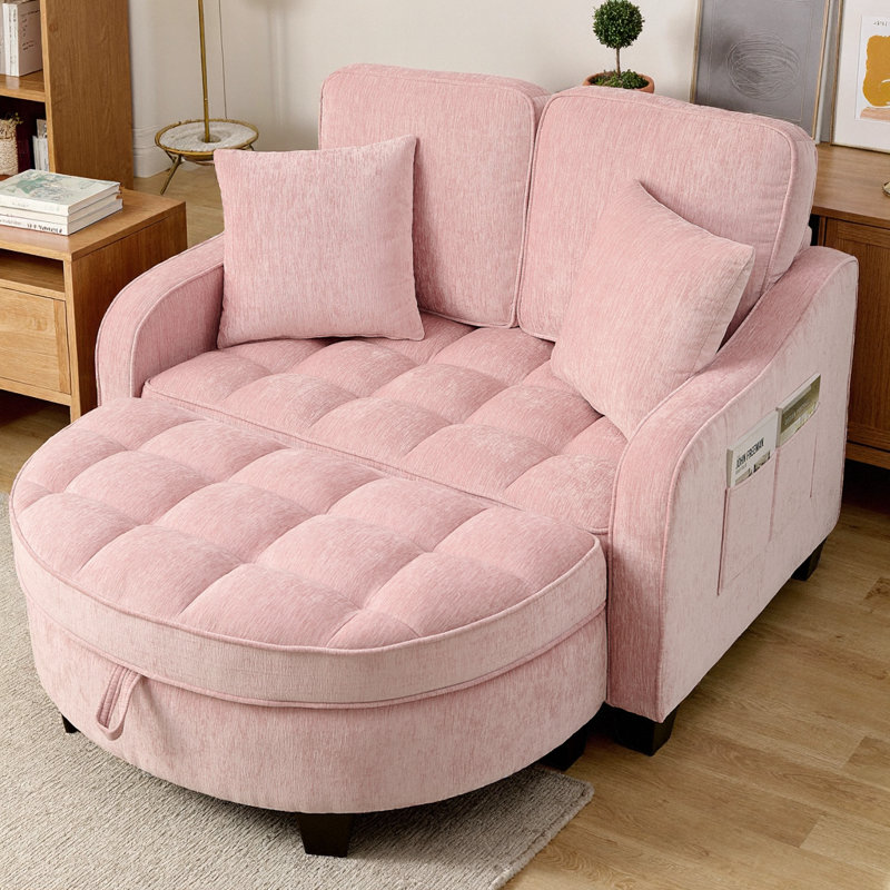 Canapé à deux places en chenille avec accoudoirs irréguliers, repose-pieds assorti avec rangement, comprend 2 coussins décoratifs pour le salon et la chambre à coucher