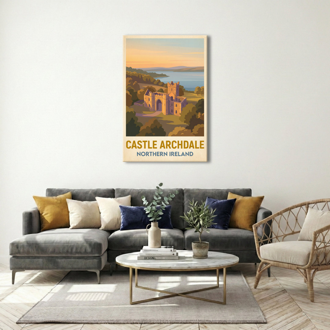 Castle Archdale, Northern Ireland - Lakeside Ruins Travel Poster, Romantic Sunset Escape. Giclee Print on Wrapped Canvas. Wall Art, Home Decor - Castl