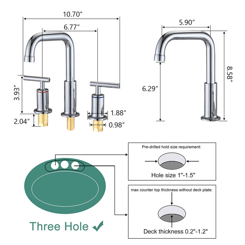 Robinet de salle de bain à poignée double avec bonde escamotable, Chrome