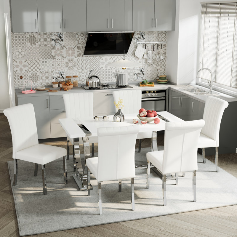 Ensemble de table de salle à manger 7 pièces blanc et argent avec 7 chaises en cuir blanc, 7, Argent argent, Blanc / argenté
