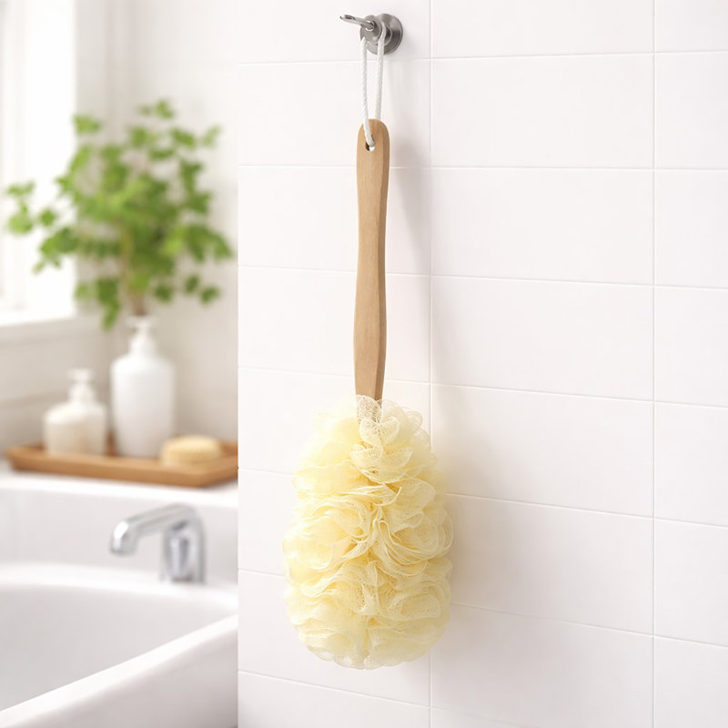 Natural Wooden Handle Bath Loofah - Long Body Scrubber with Soft Mesh