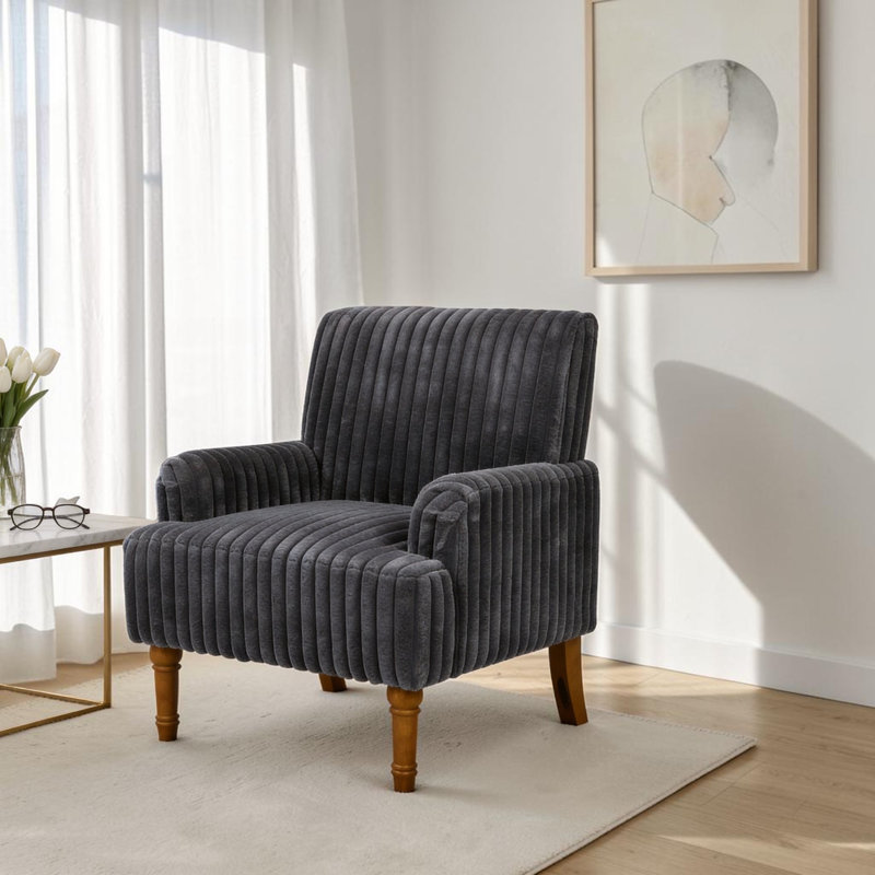 Chaise d'appoint rembourrée moderne et confortable avec tissu en velours côtelé, pieds en bois massif, Dark Grey, 1