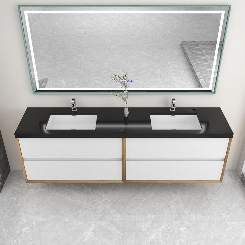 Ensemble de meuble-lavabo double mural 84 po Calarco Kody, Blanc brillant