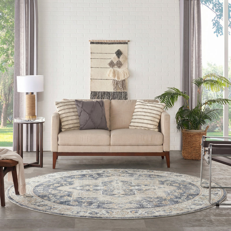 Tileah 4' x Round Grey Blue Vintage Indoor Rug, Round 4'