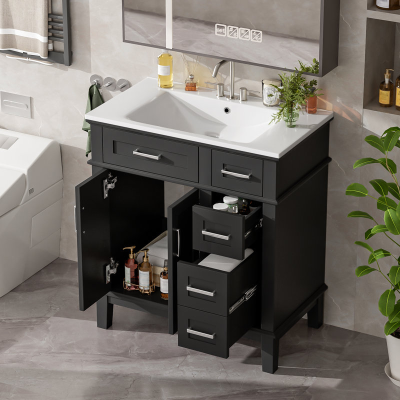 30" Single Bathroom Vanity With Ceramic Top, Black, Silver