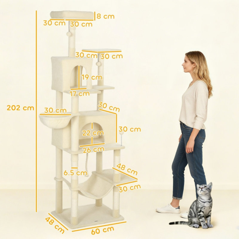 202?cm Tall Multi-Level Cat Tree with 6 Scratching Posts, 2 Hammocks, 2 Condos, 2 Perches & Pompoms, Beige