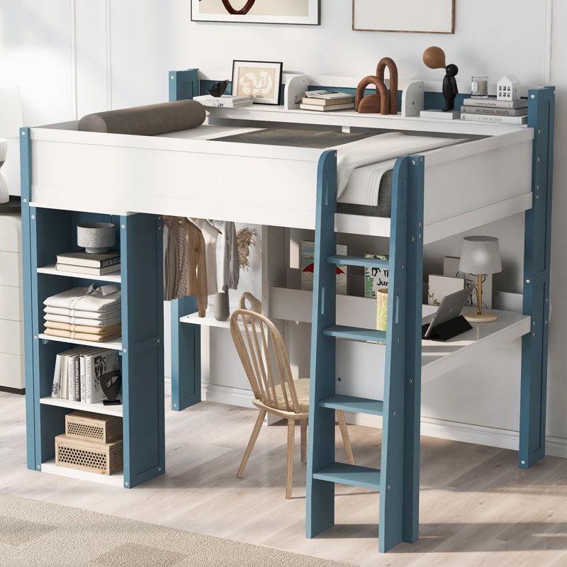 Lit mezzanine double en bois pleine grandeur avec tablettes de rangement intégrées, tringles à vêtements et bureau, blanc et bleu
