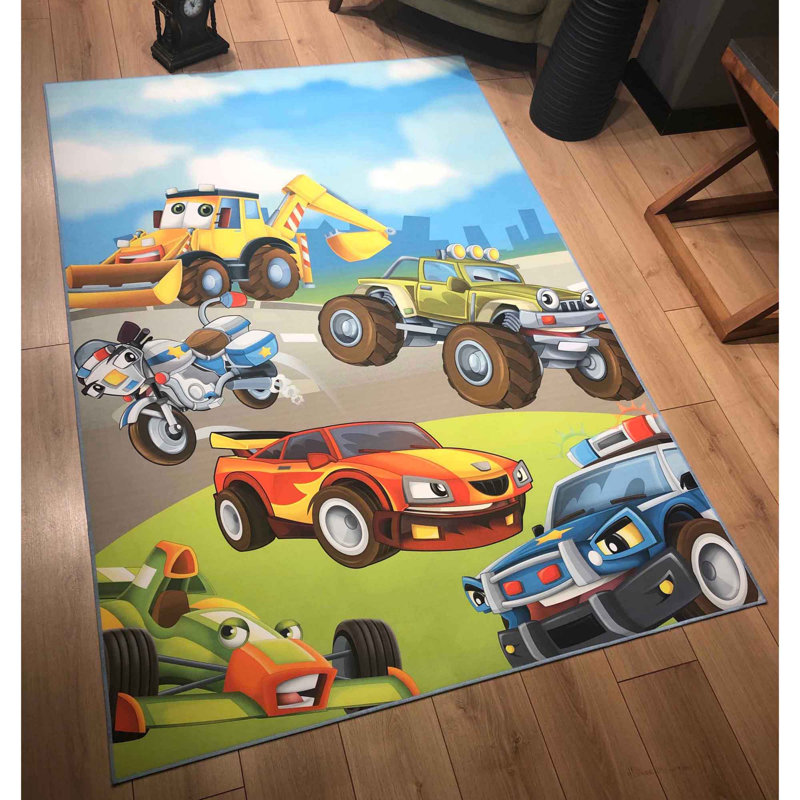 Tapis rectangulaire en polyester tissé à la machine en vert / gris / bleu, Rectangle 4 pi 7 po x 6 pi 7 po