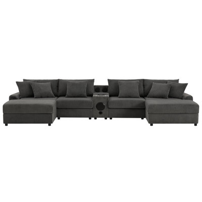 Defino U-Shaped Corduroy Sectional Sofa with Bluetooth, USB Charging & Ottomans