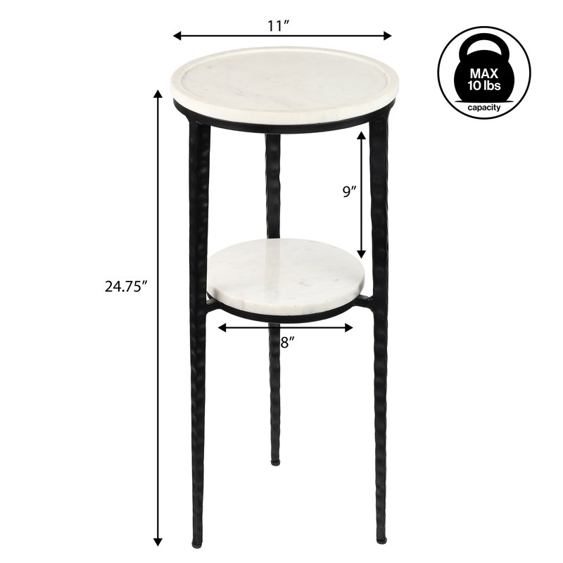 Seraphina Modern 25" Round White Marble 2-Tier Drink Table, Matte Black Metal Small Accent Side End Table for Living Room and Bedroom