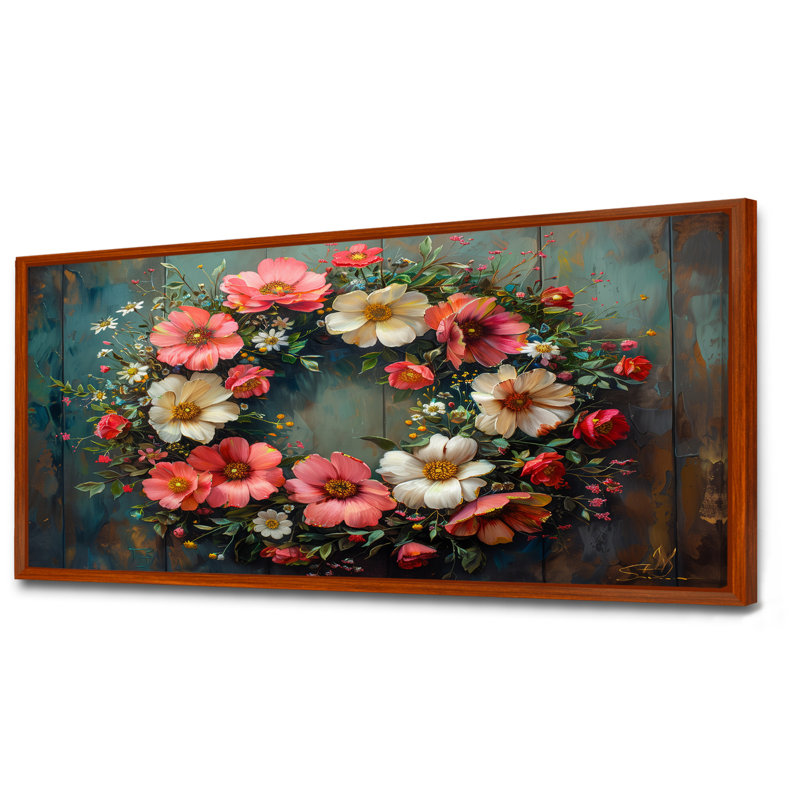 Couronne de fleurs rose et verte - décoration murale couronne, H 28 po x l 60 po, Cadre flottant brun