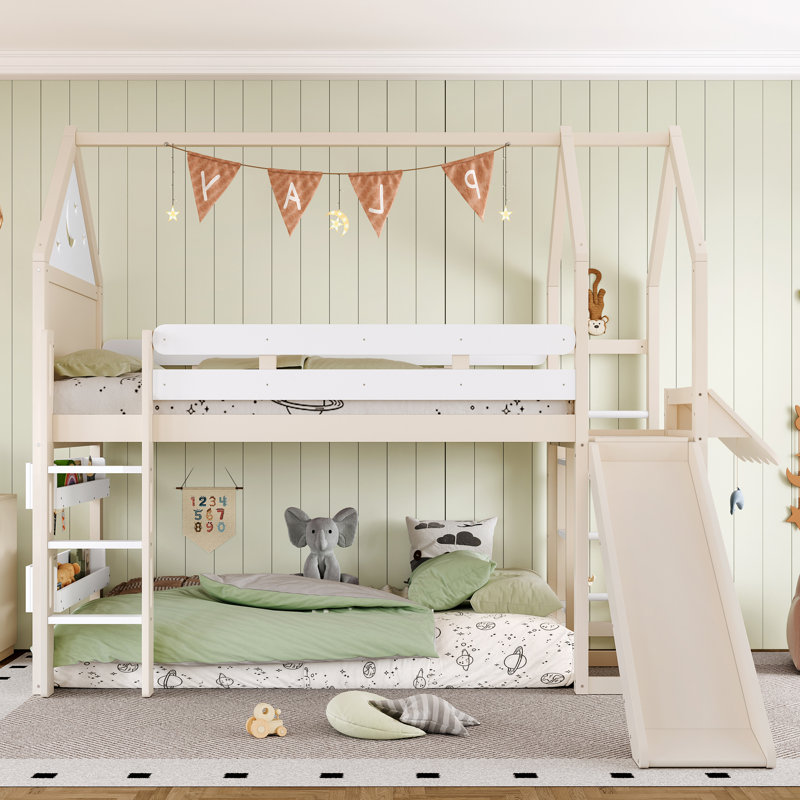 Lit mezzanine simple avec bibliothèque Design ludique pour enfants Structure en forme de maison avec glissières de sécurité de haute qualité, beige
