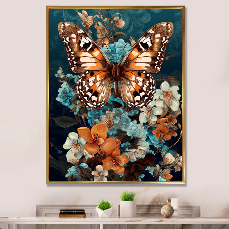 Gracieux papillon brun sur des orchidées rétro I, H 44 po x l 34 po x P 1,5 po, Cadre flottant doré