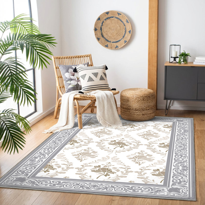 Tapis d'intérieur antidérapant 5 pi x 8 pi avec motif floral lavable à la machine, taupe, Taupe, Rectangle de 5 pi x 8 pi