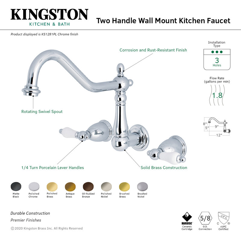Kingston Brass Heritage Double-Handle 3-Hole Wall-Mount Kitchen Faucet, Satin Brass
