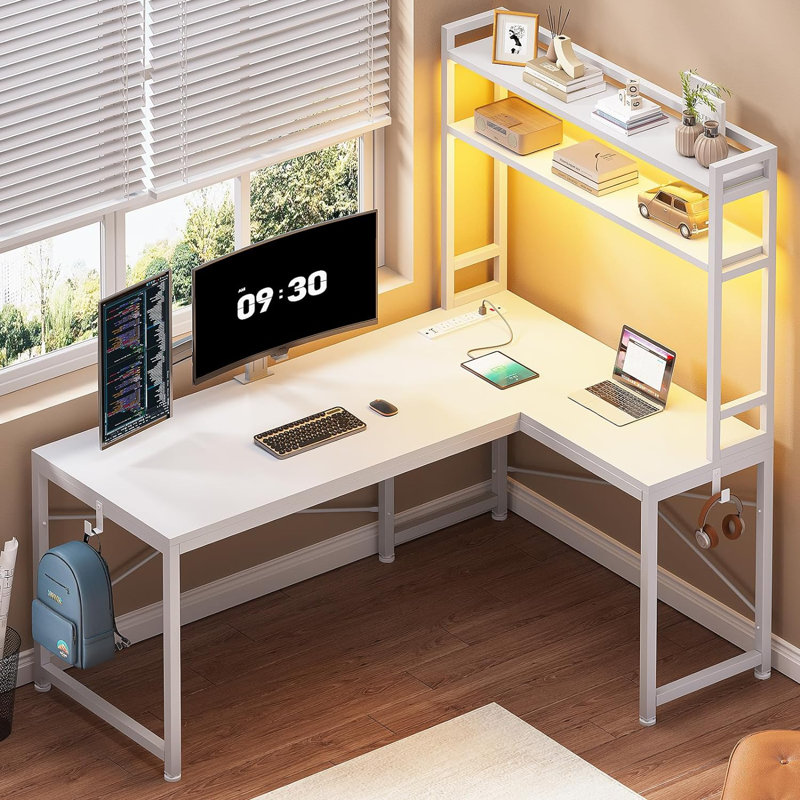 L Shaped Gaming Desk, Reversible 45.3 Small Corner Desk With Power Outlet And Led Lights, White