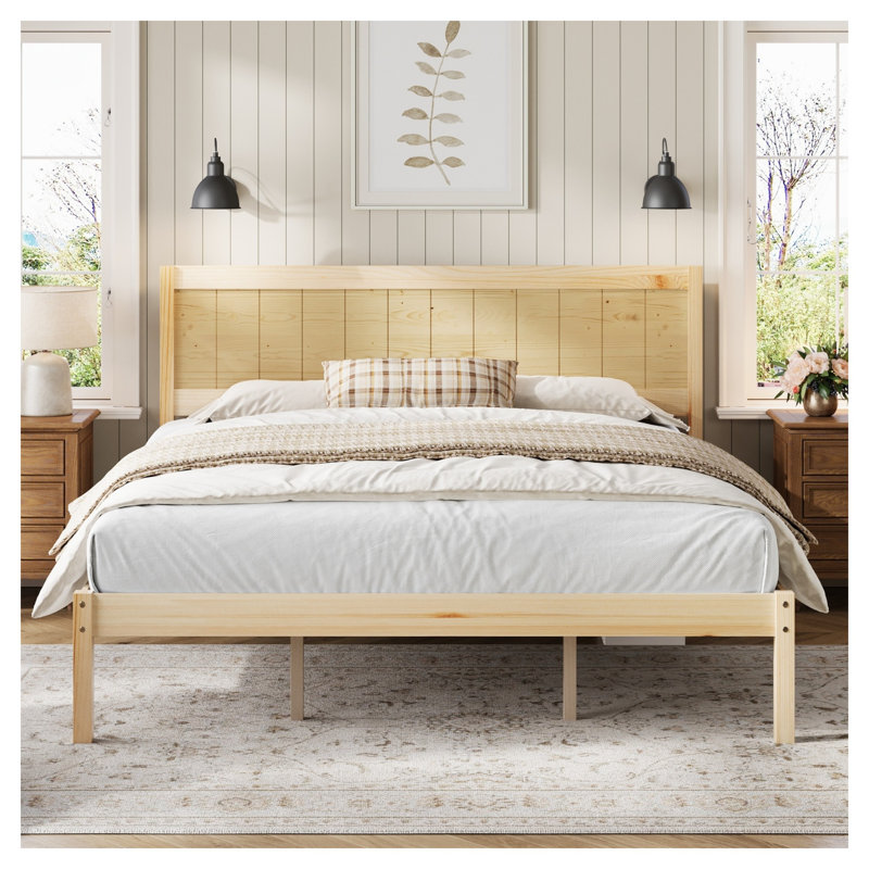Base de lit plateforme en pin naturel avec tête de lit en bois massif - Aucun sommier requis, support à lattes robuste pour chambre à coucher moderne