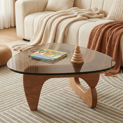 Table basse compacte en verre pour petits salons, plateau en verre gris avec pieds en chêne noyer