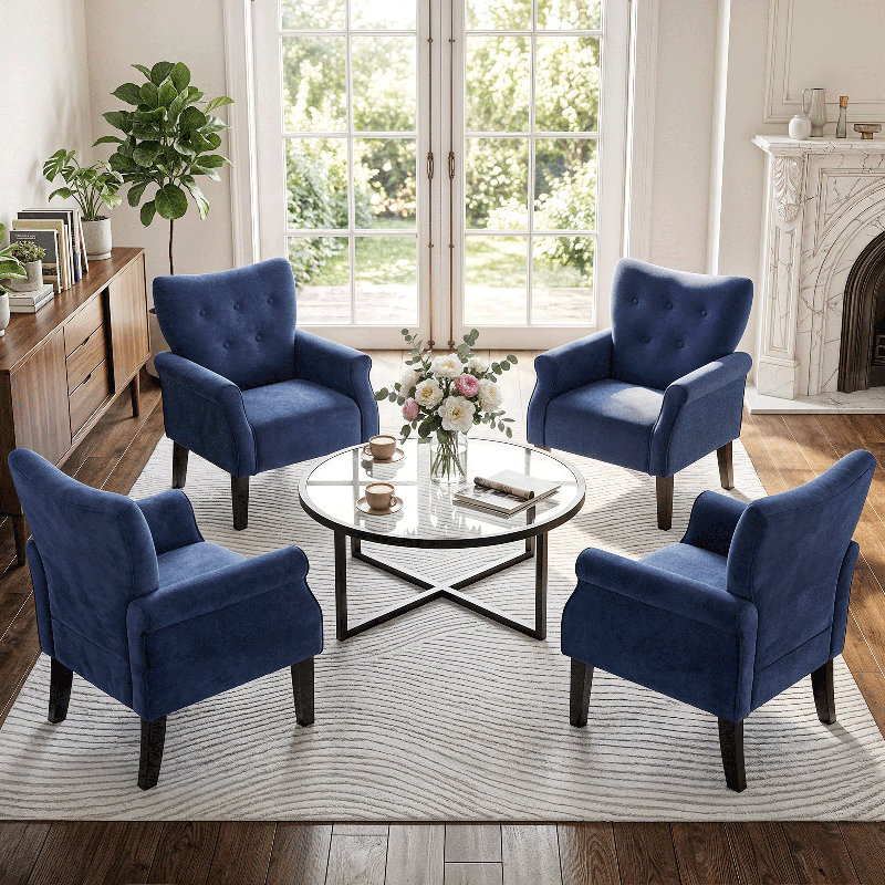 Upholstered Armchair, Button Tufted Accent Chair Single Sofa with Wood Legs for Living Room Bedroom, Navy